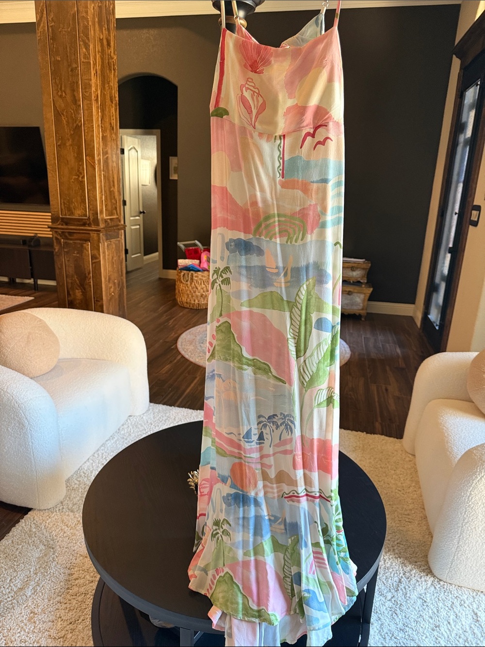 Pastel Tropical Maxi Slip Dress in Pink and Green
